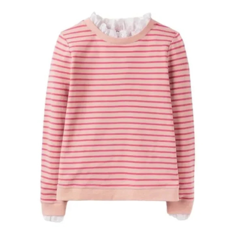 NWOT Boden Holly Jersey Sweatshirt striped pink ruffle lace collar